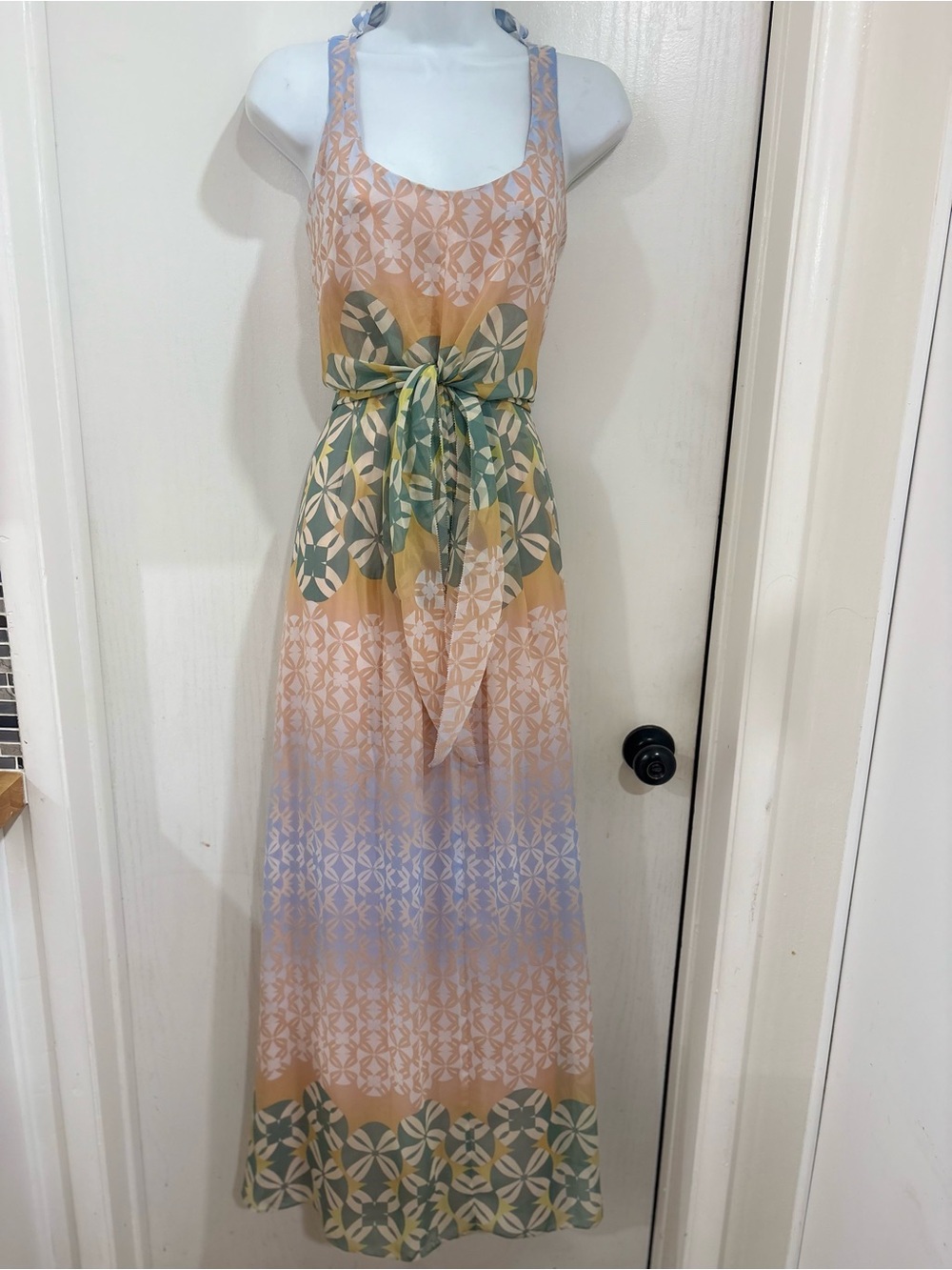 Jessica Simpson Peach & Green Patterned Halter Maxi Dress